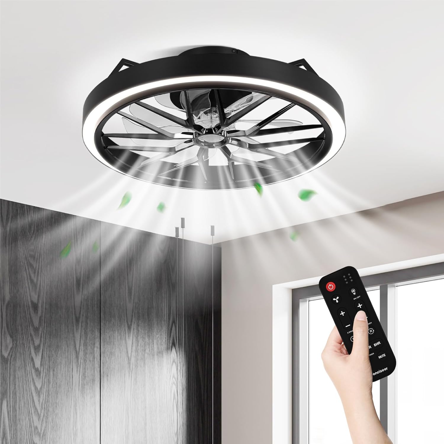 Conciseer Low Profile Ceiling Fan with Lights, 20 Inch Ceiling Fan with Light and Remote for Bedroom Living Room, 36W 3CCT Dimmable, 7 Blades 6 Speed Reversible Quiet DC Motor, LED 36W, Black